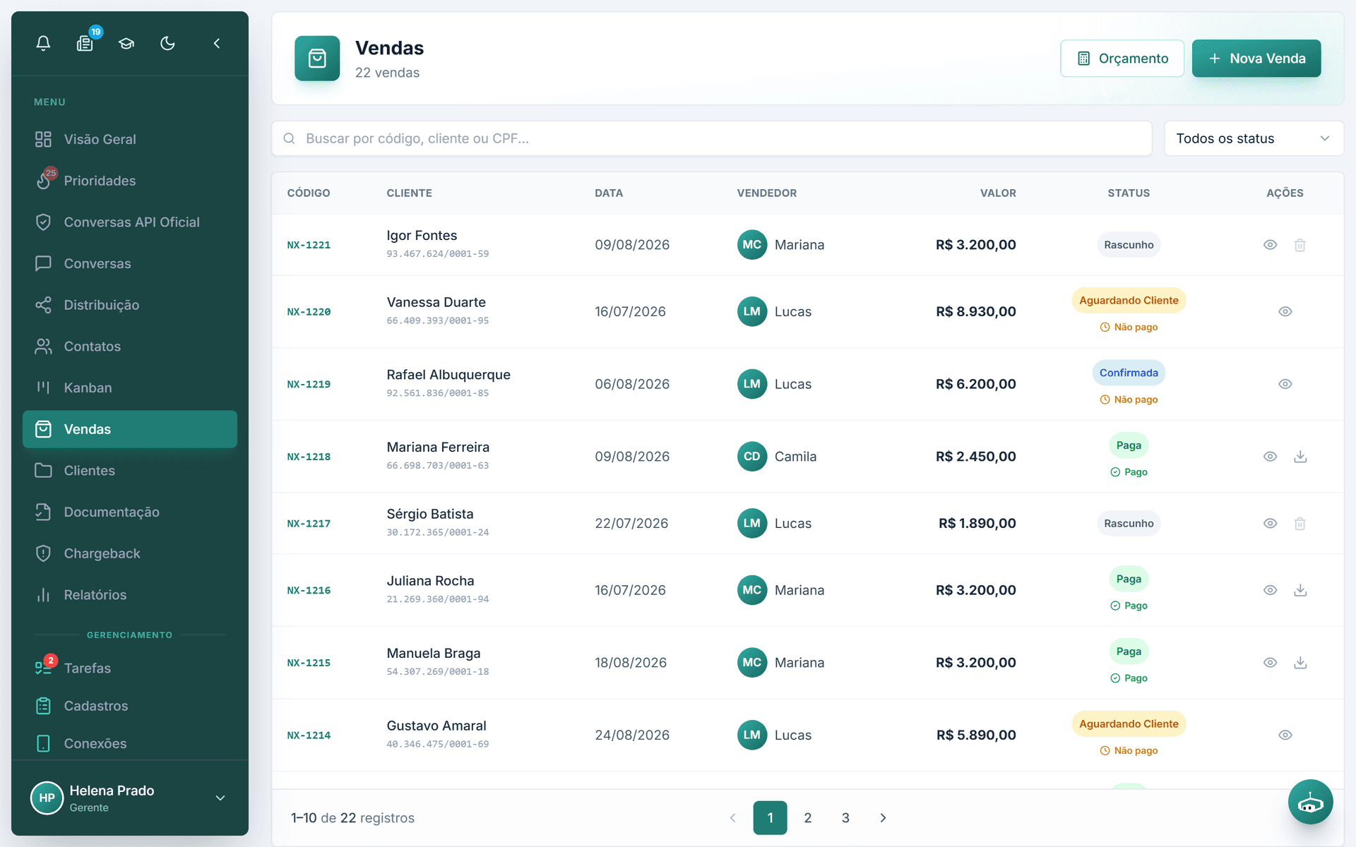 Lista de vendas do CRM com o estágio de cada negociação