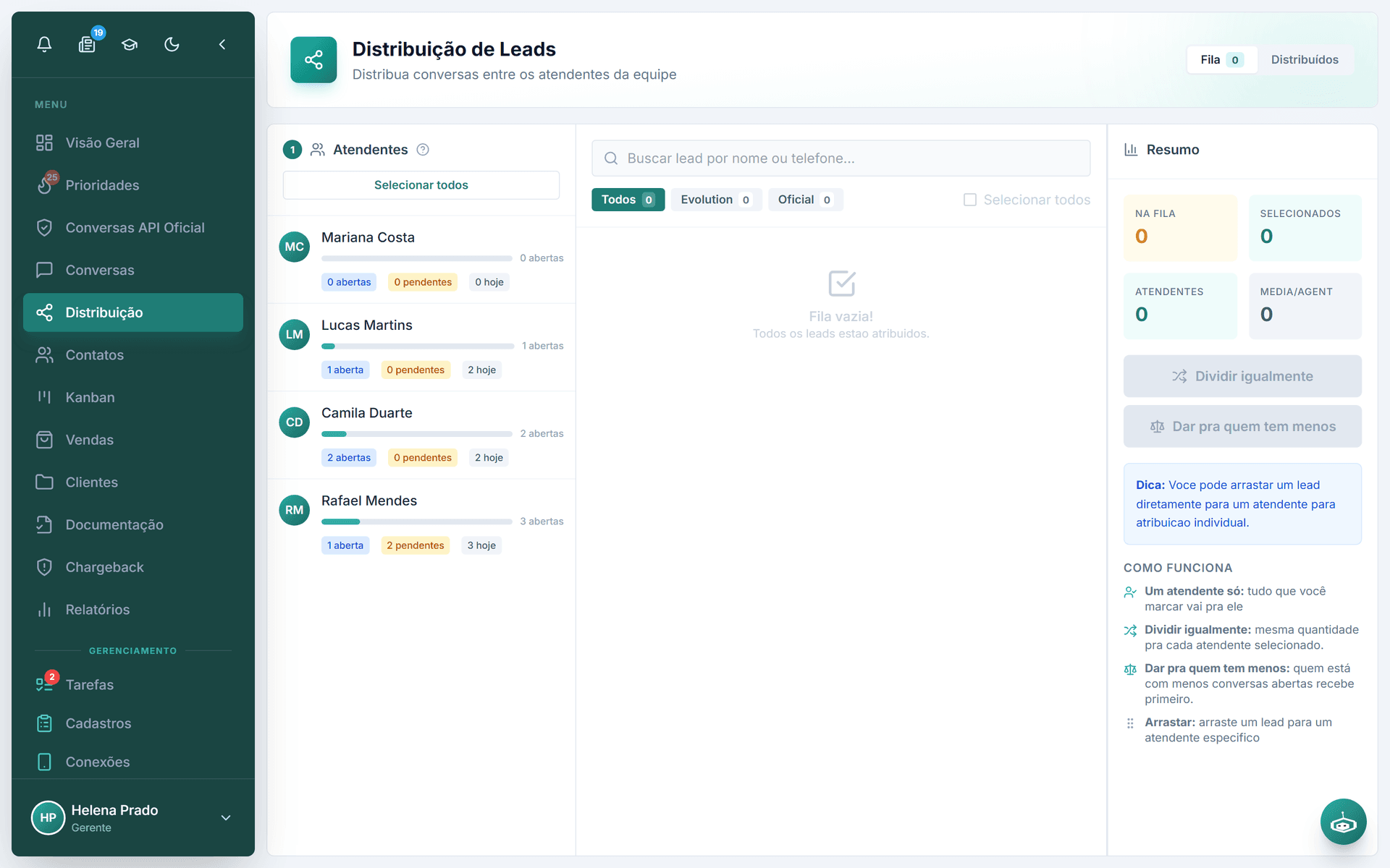 Tela de distribuição de atendimentos entre a equipe