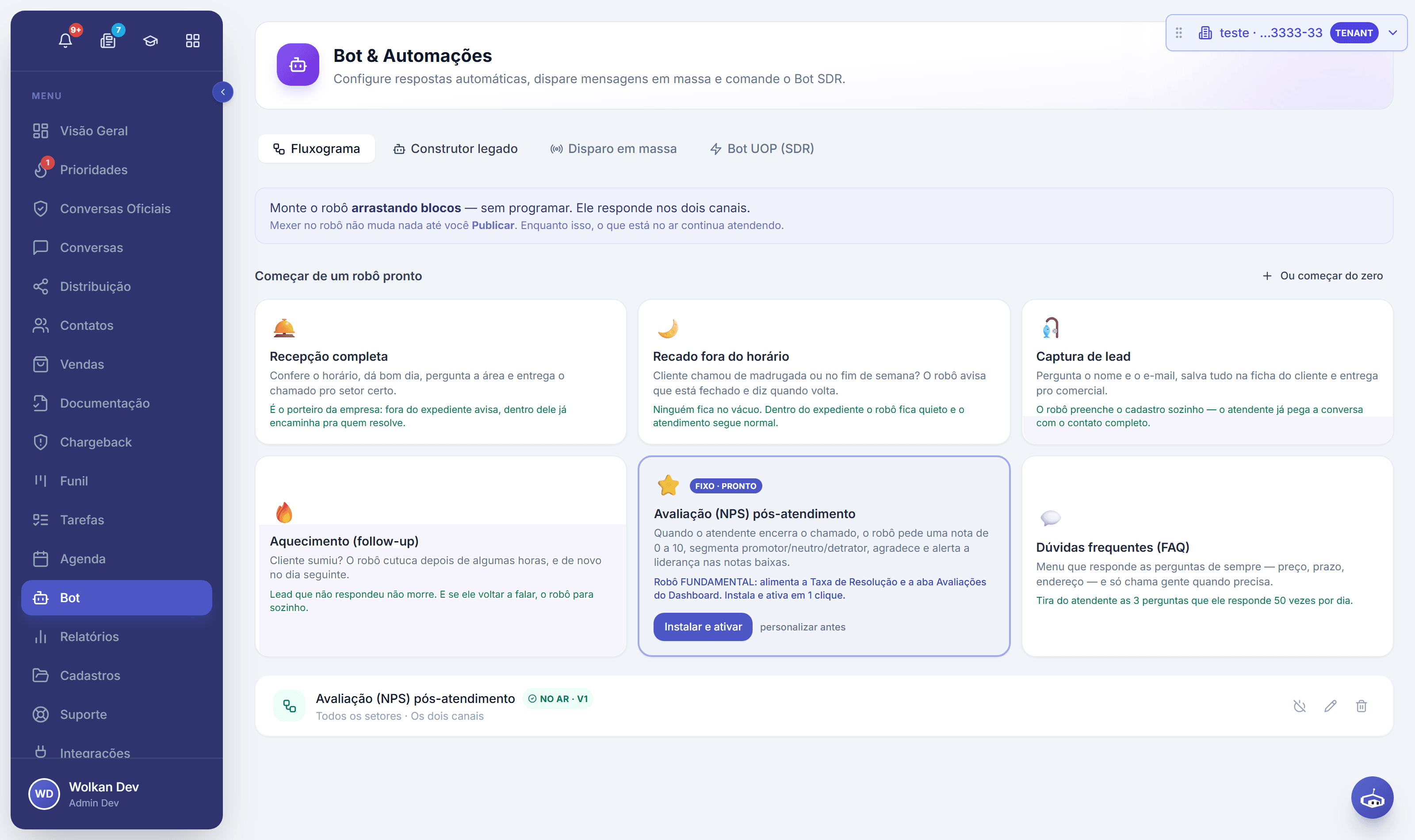 Painel do bot SDR com o lead em qualificação