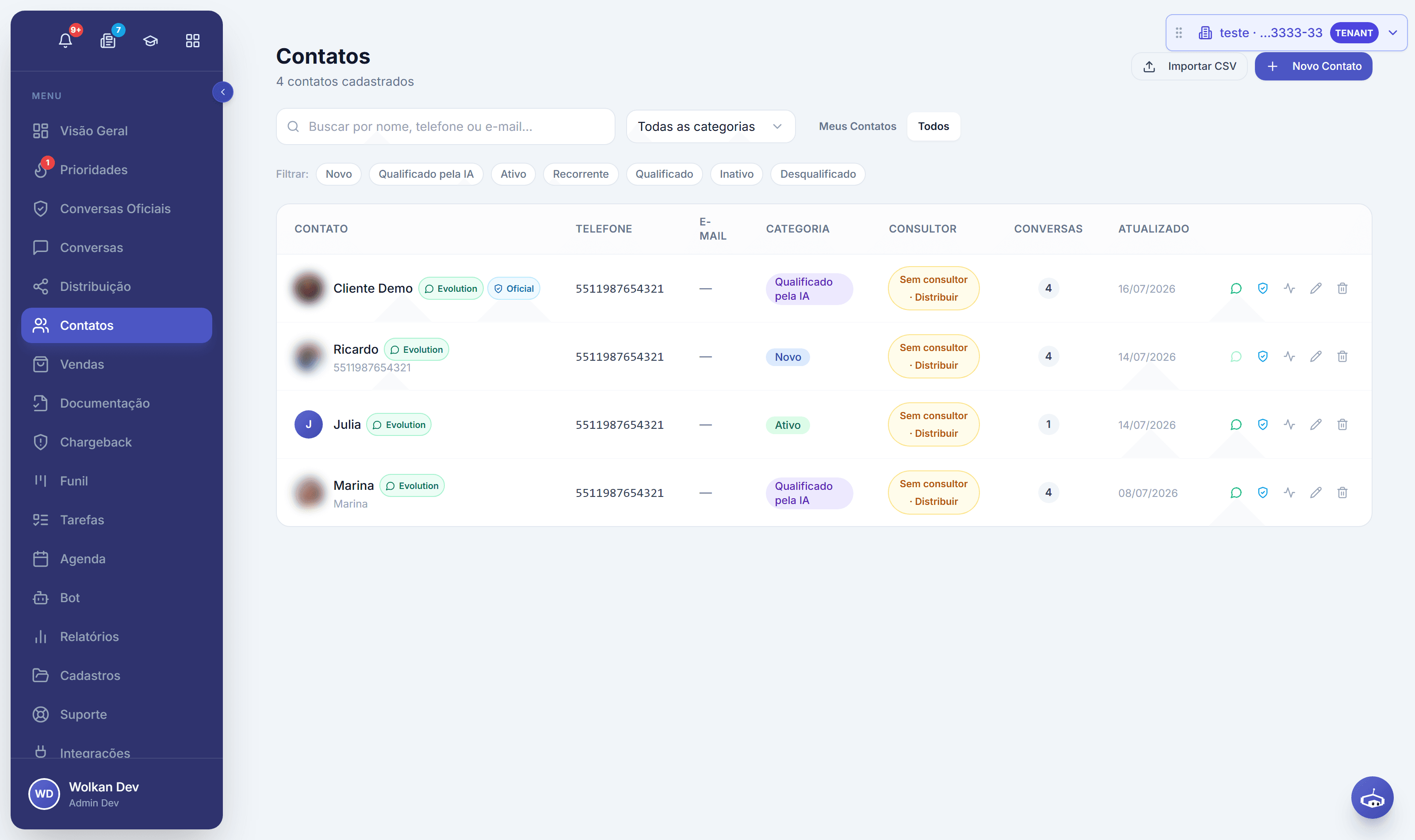 Base de contatos com responsável e etapa