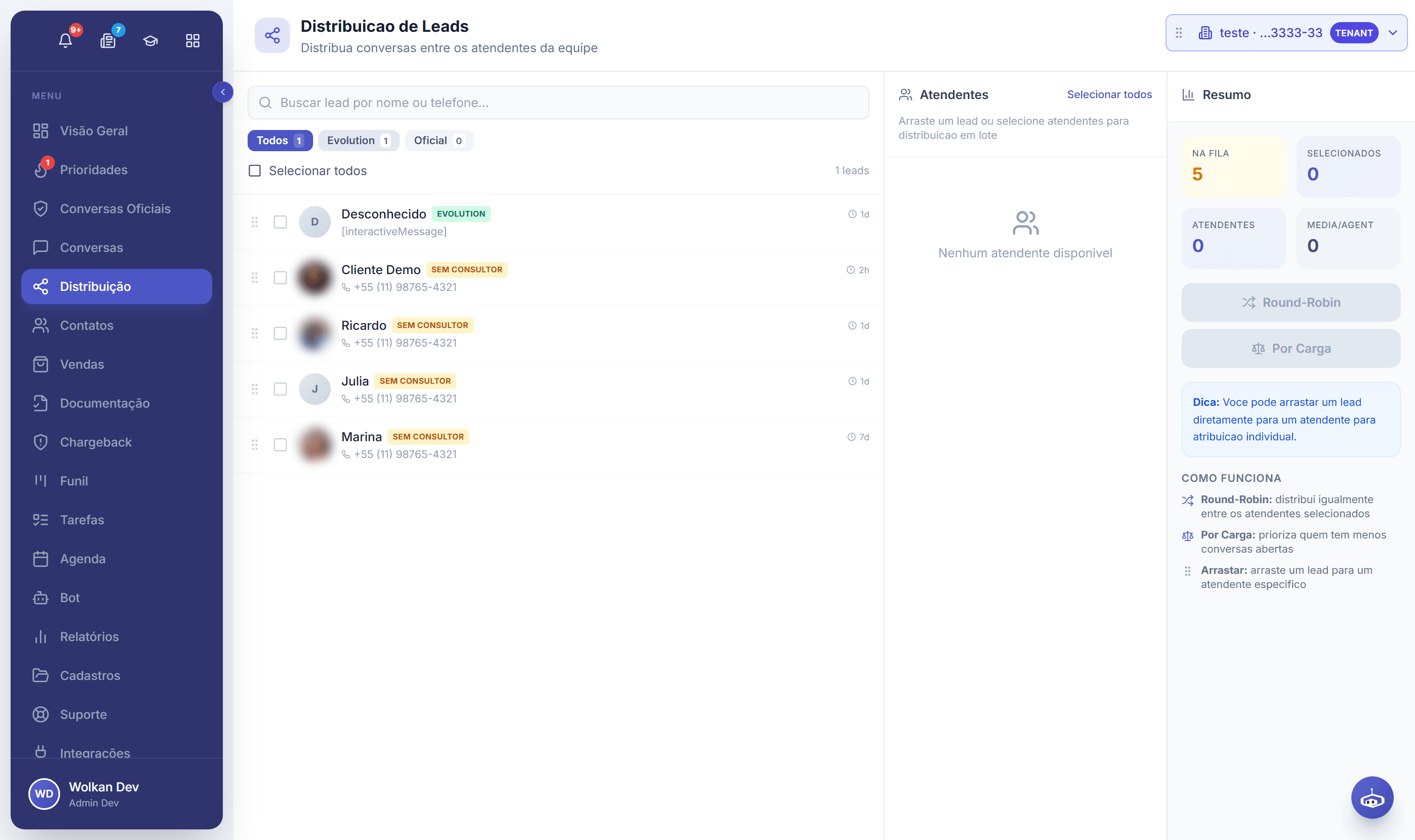 Tela de distribuição com a fila de conversas não atribuídas