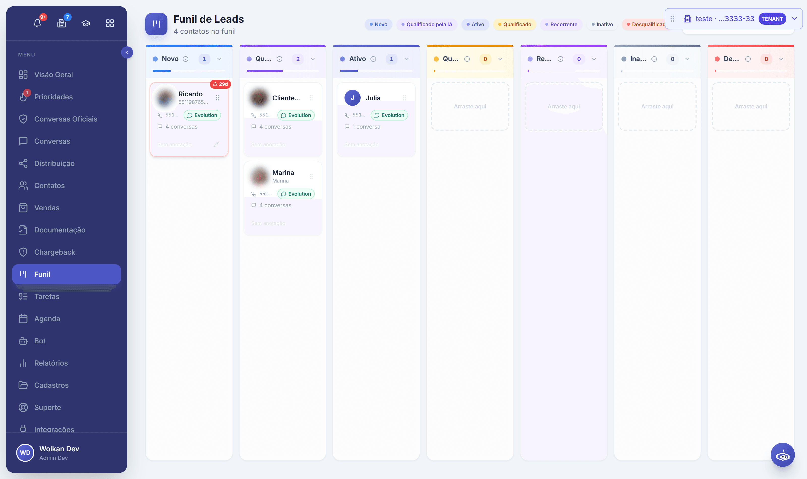 Funil em Kanban com cards distribuídos entre as etapas